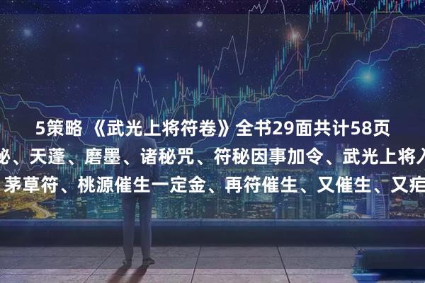 5策略 《武光上将符卷》全书29面共计58页，内容如下武光上将符秘、天蓬、磨墨、诸秘咒、符秘因事加令、武光上将入房攻治秘、打鞭符、茅草符、桃源催生一定金、再符催生、又催生、又疟符、鸡蛋符、收肿毒大法、又收肿毒、又皮寒 、镇墓符、玄坛和合符、王帅发汗法宝、入房退病发汗等等